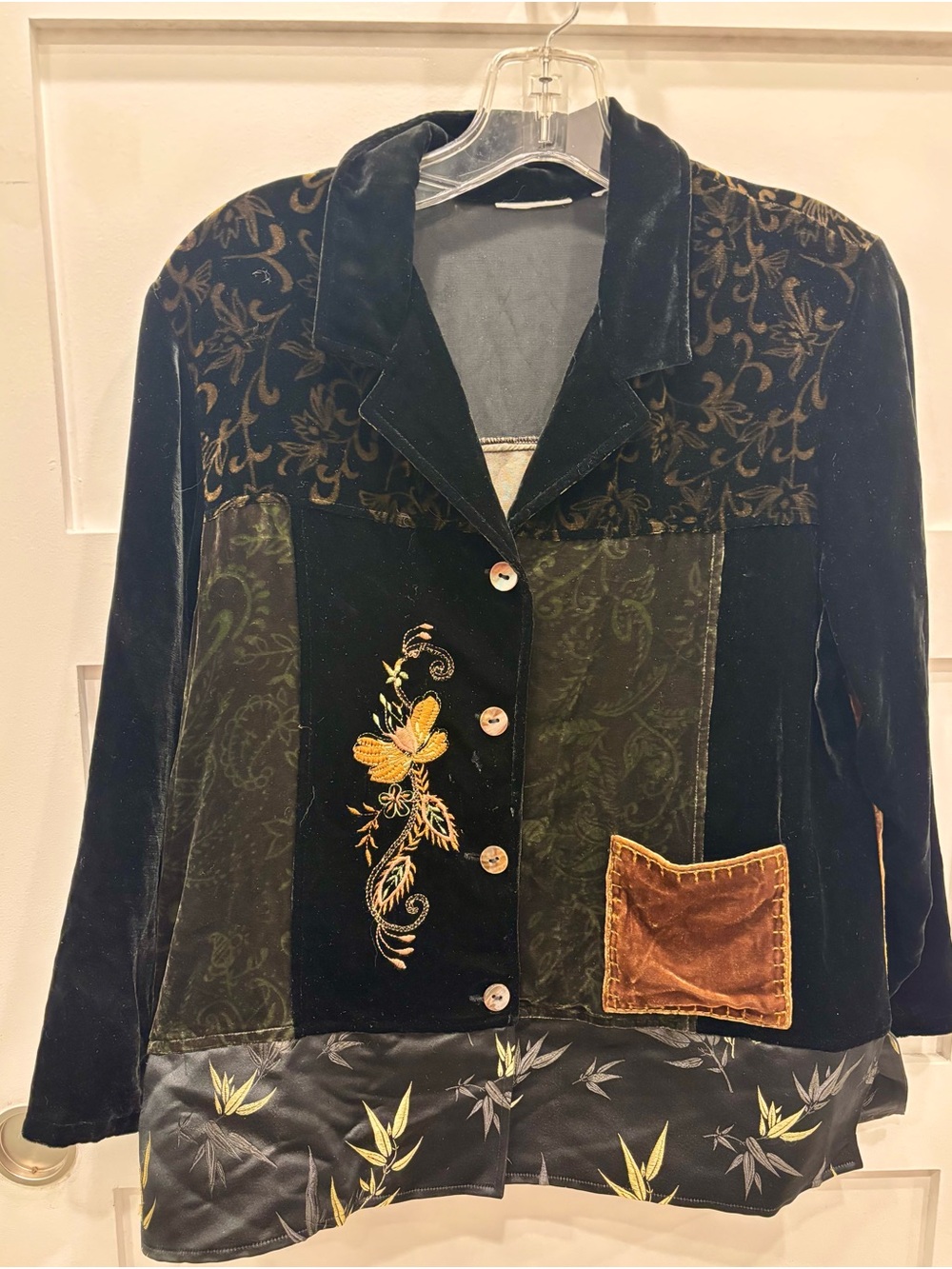 Vintage Velvet Embroidered Floral Patchwork Jacket - Black & Olive
